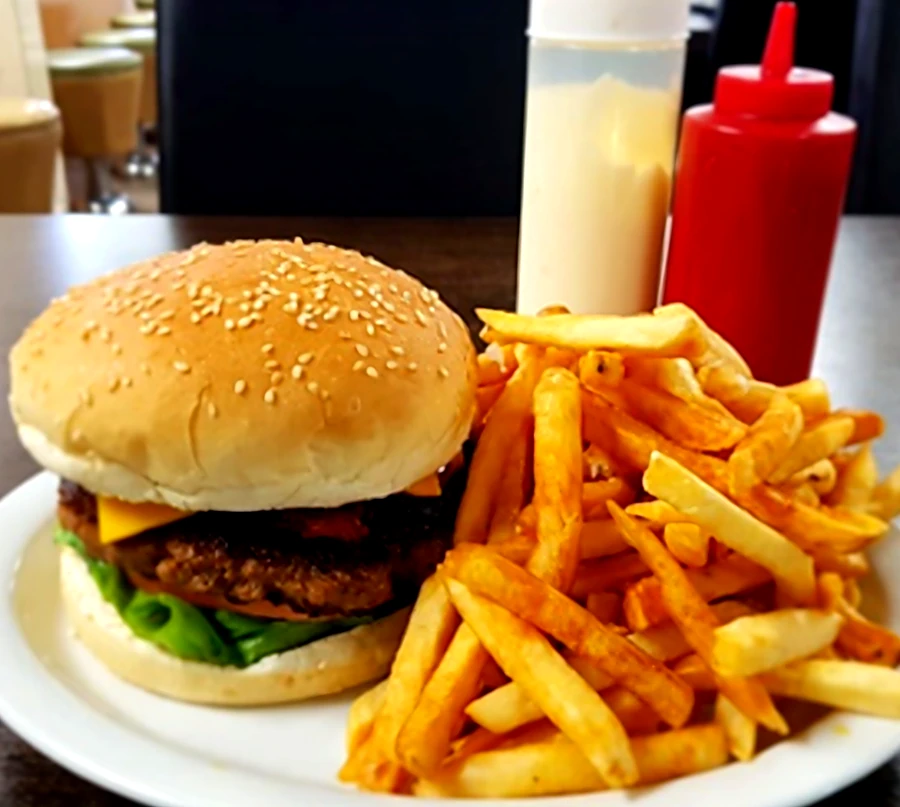 Bacon cheese burger with fries
